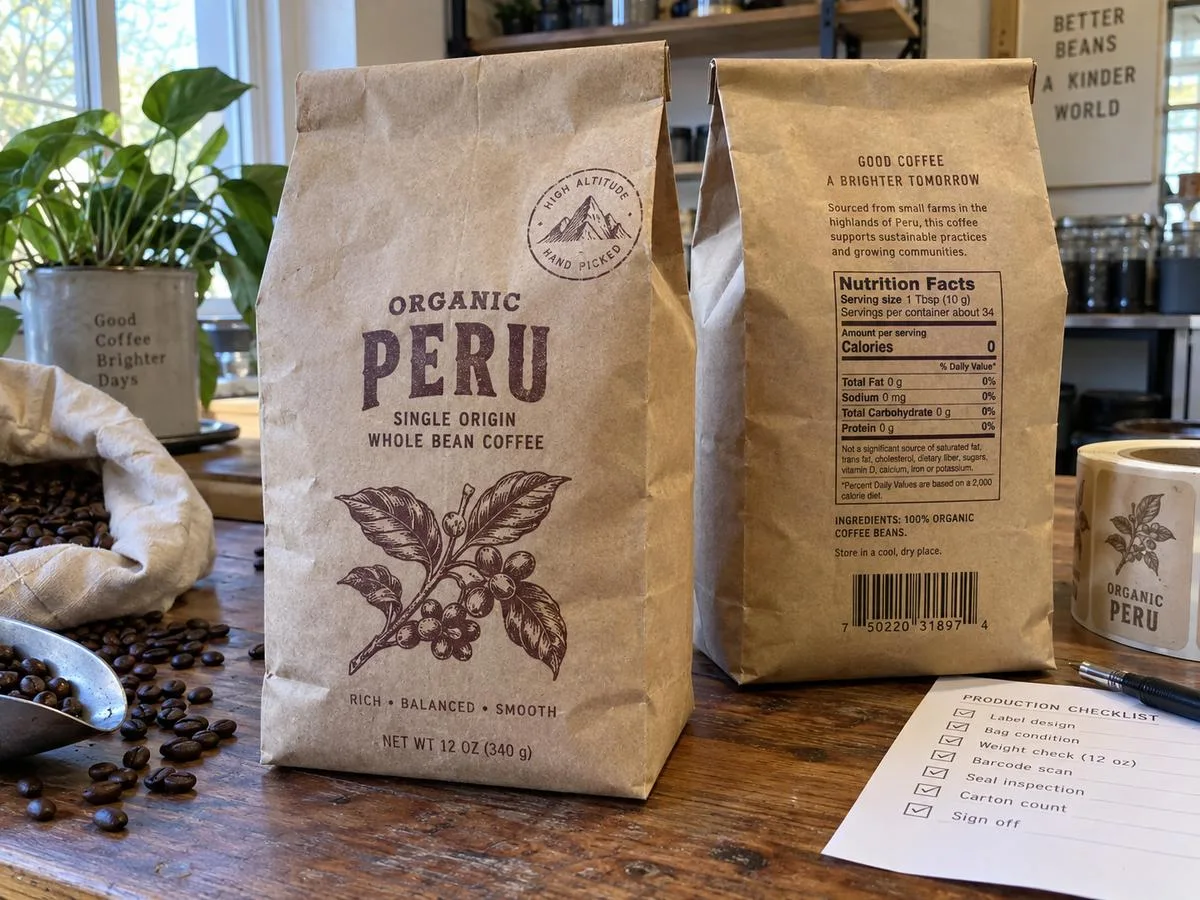 Kraft coffee bag with a film label placed beside the valve