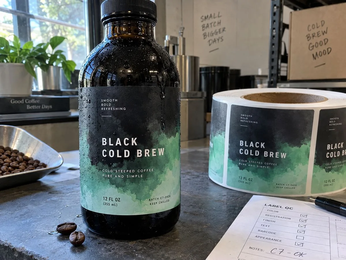 Cold-brew bottle with a laminated BOPP label in condensation