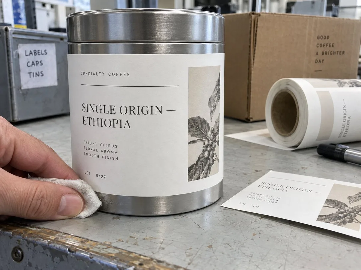 Coffee tin wrap label with scuff laminate