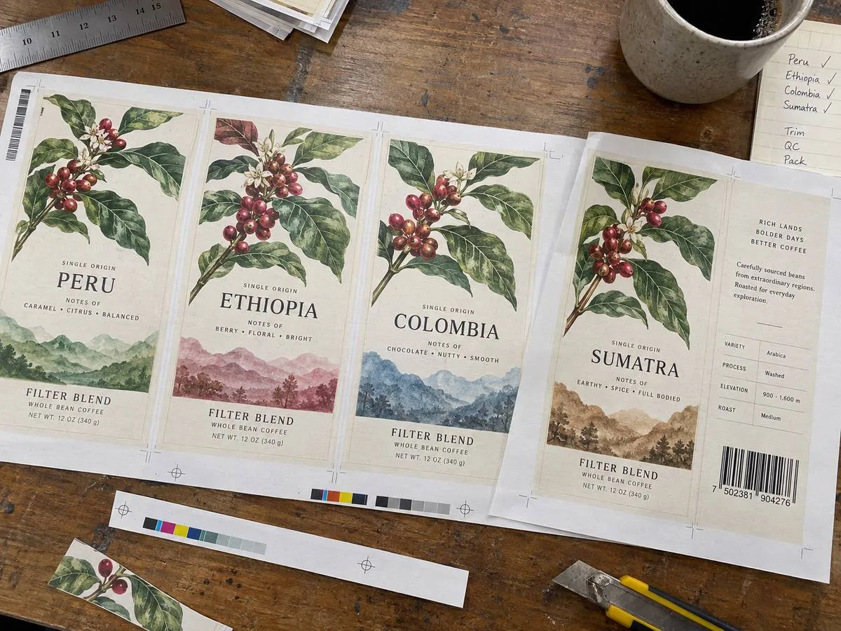 Multi-origin coffee labels on one digital gang