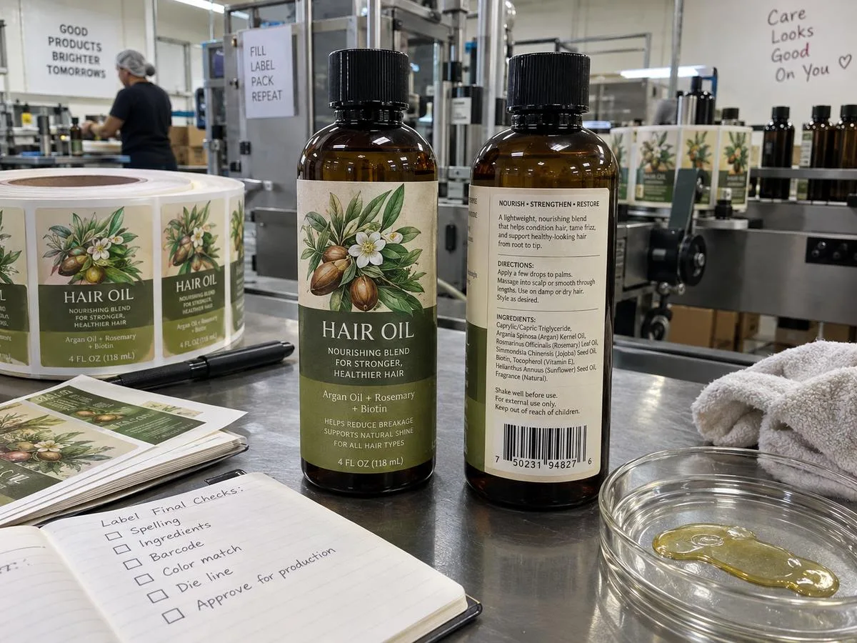 Oil resistant label adhesive on shampoo bottle