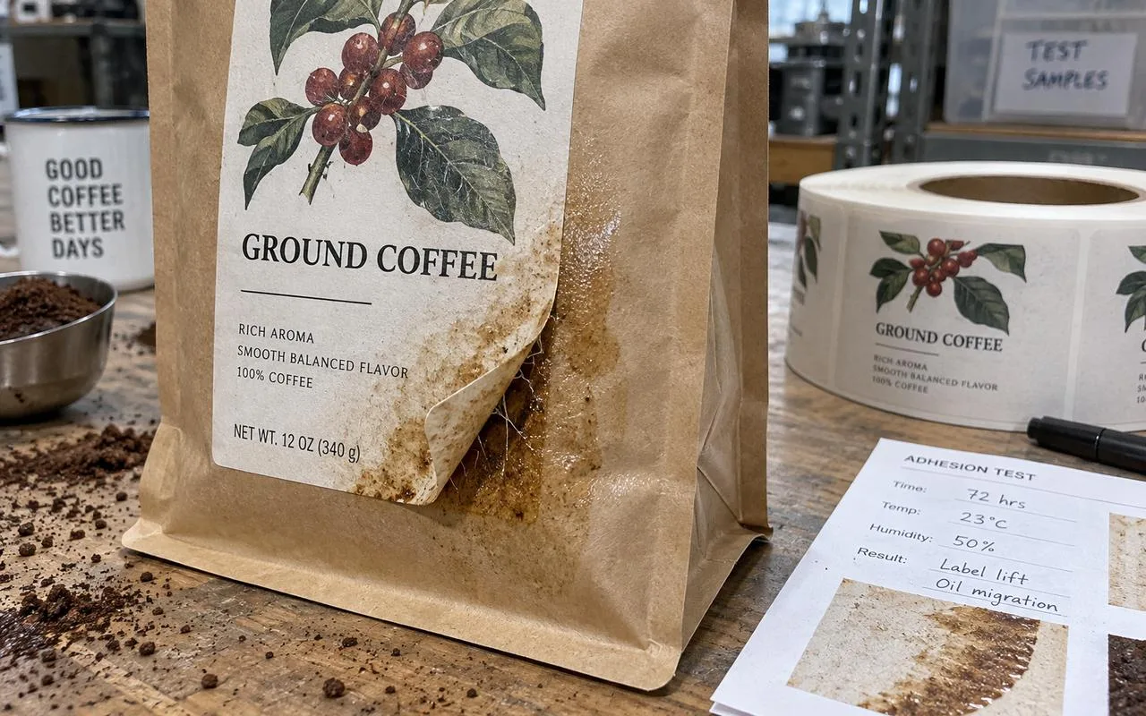 Coffee bag label edge lifting after oil migration