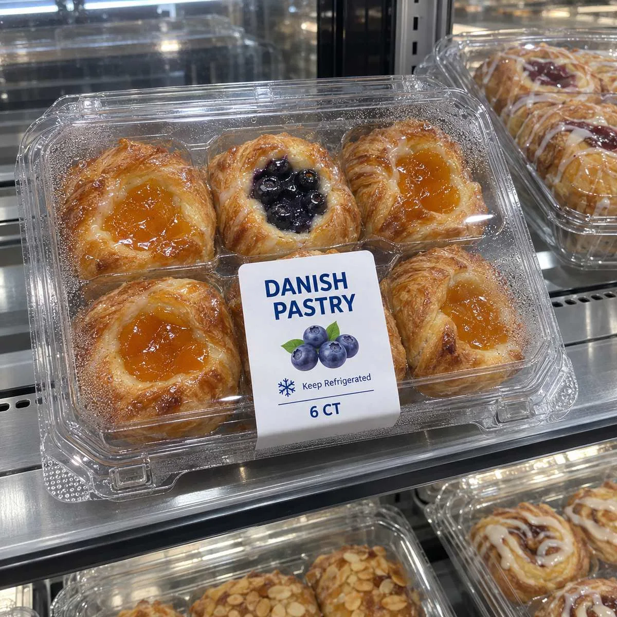 Pastry label on a clear clamshell container