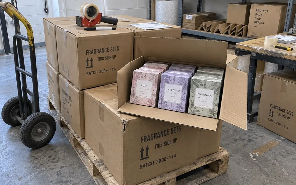 Perfume cartons stacked for transit