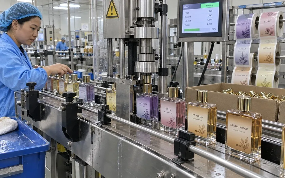 Perfume bottle on filling line with splash contact