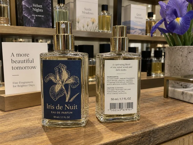Front and back labels on a 50 ml glass perfume bottle