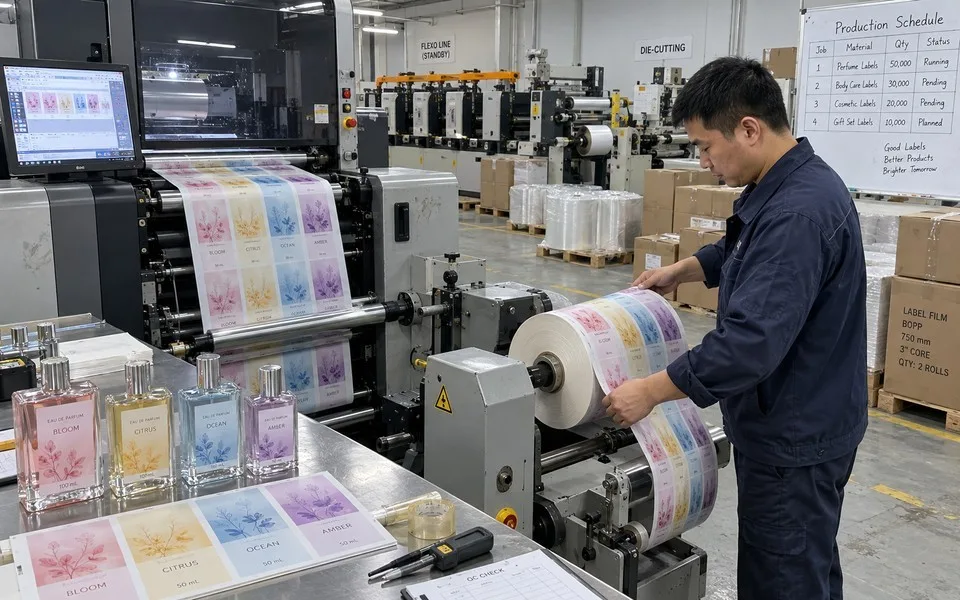 HP digital press printing fragrance labels in Shenzhen plant