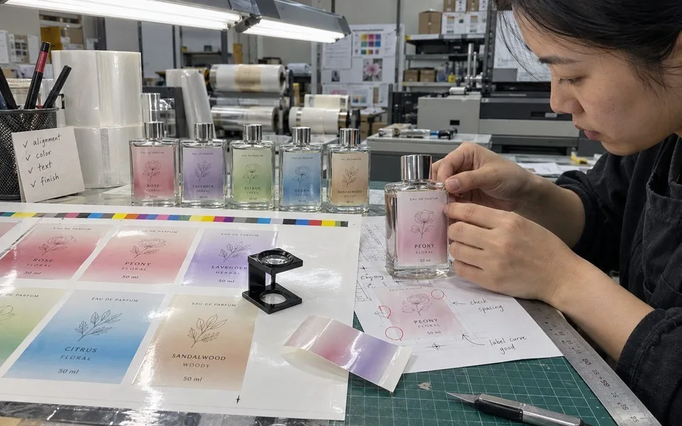 Print proof label applied to a real glass perfume bottle