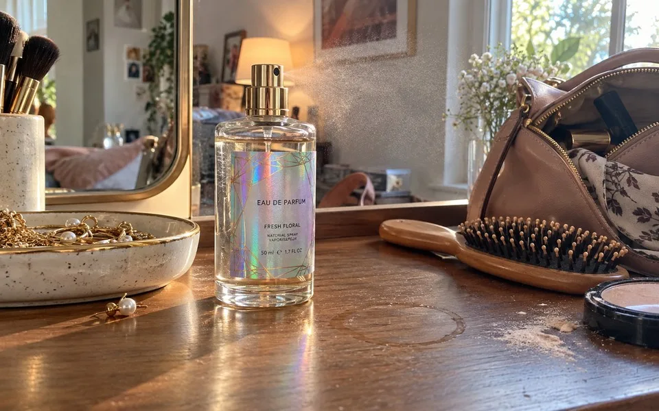 Perfume bottle handled daily on a vanity