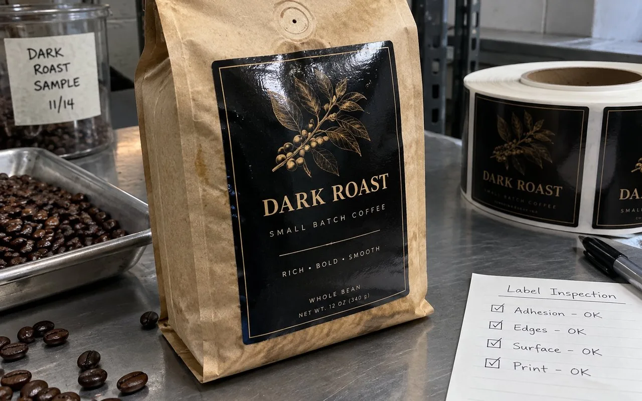 PET coffee bag label holding after oil contact
