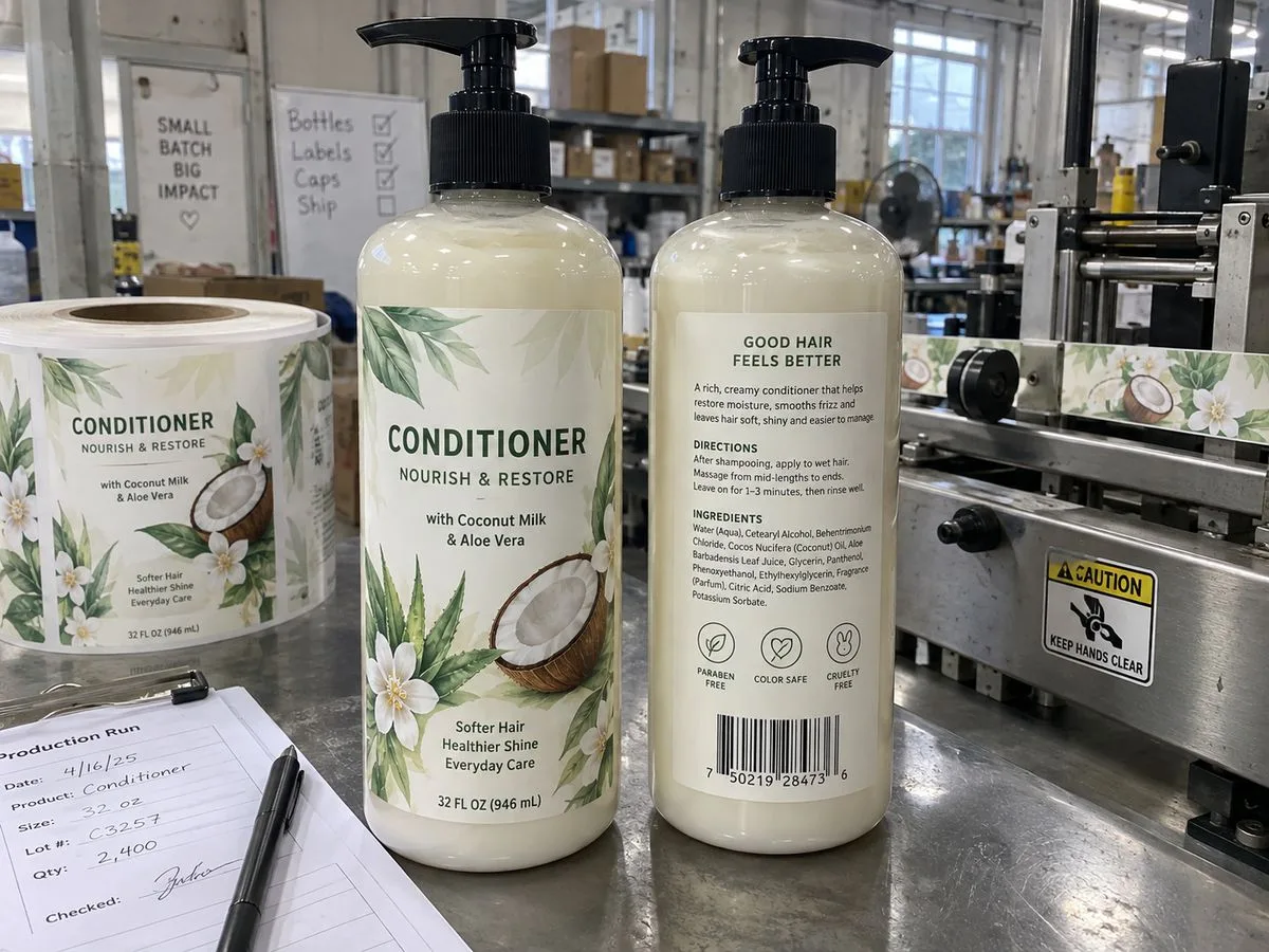 Pump bottle front and back labels for conditioner