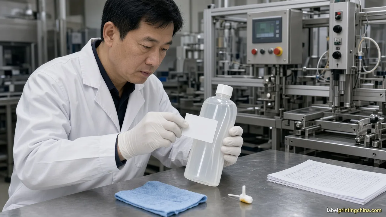 QC tester checking cosmetic label sample on lotion bottle