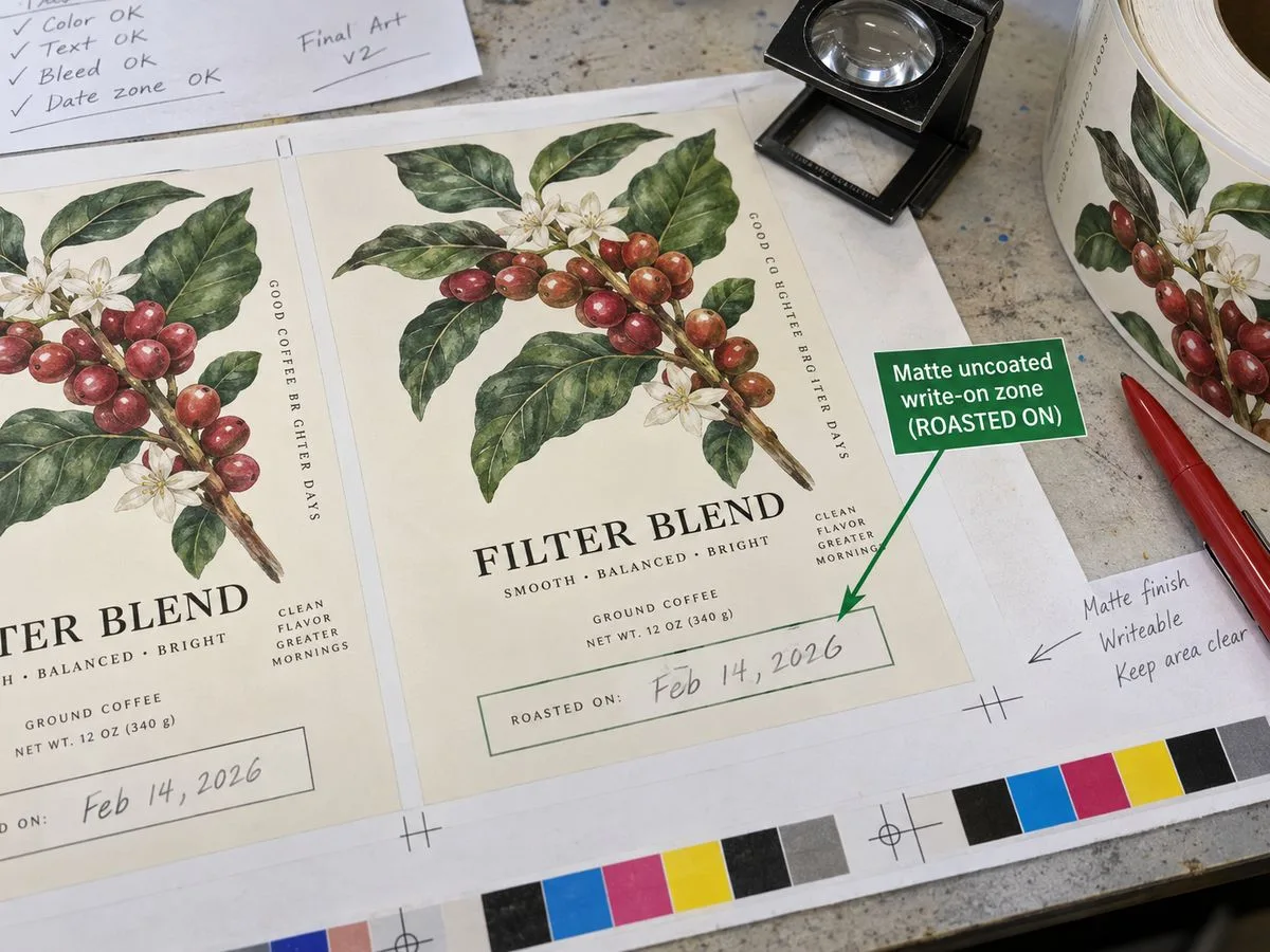 Coffee label artwork with roast-date write zone annotated