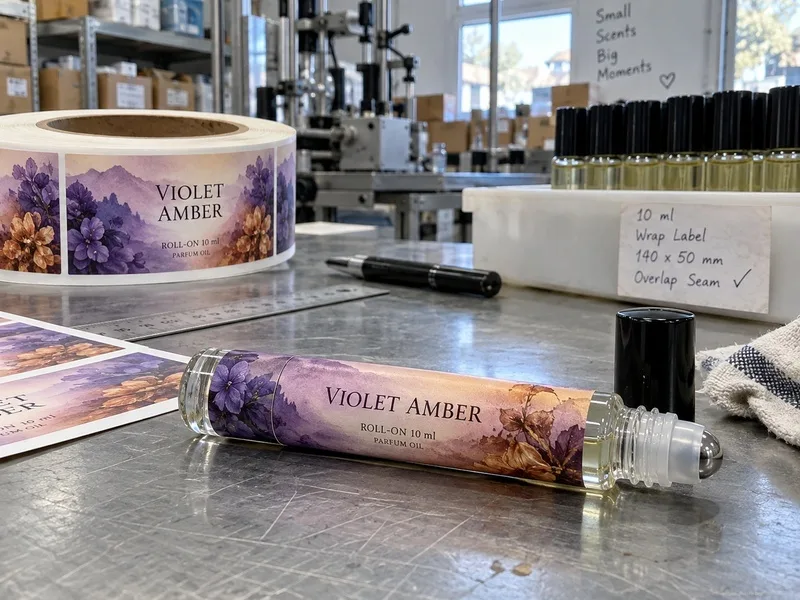 Wrap label sized 140 by 50 mm on roll-on bottle