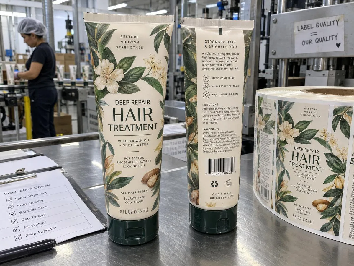 Hair care tube labels wrapped to the seam