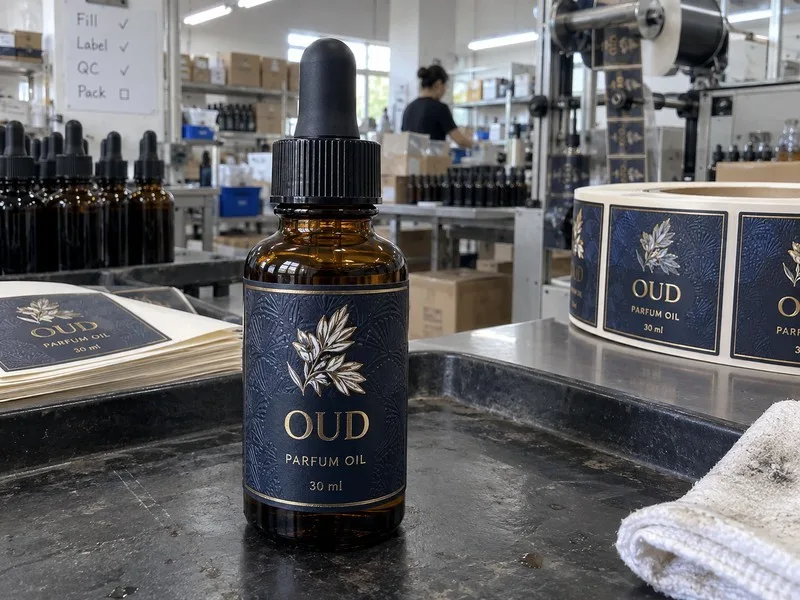 Spot UV and embossed label on a fragrance oil bottle