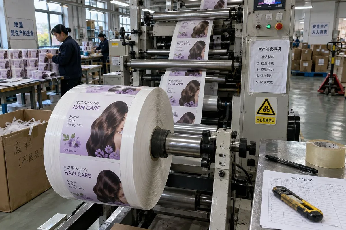 Shampoo label roll unwinding on a production spindle