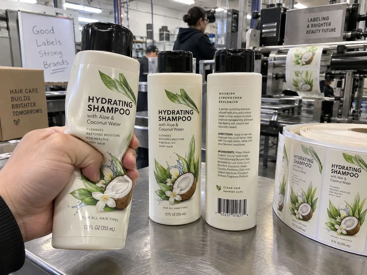 Shampoo bottle label surviving squeeze without wrinkles