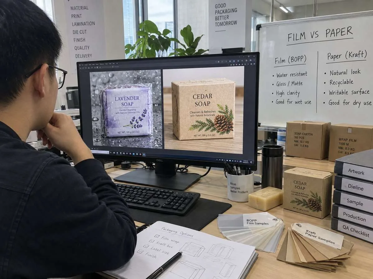 Soap label engineer reviewing pack photos