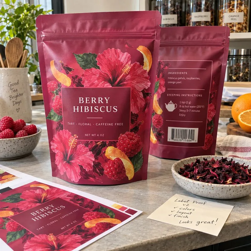 Tea pouch labels front and back