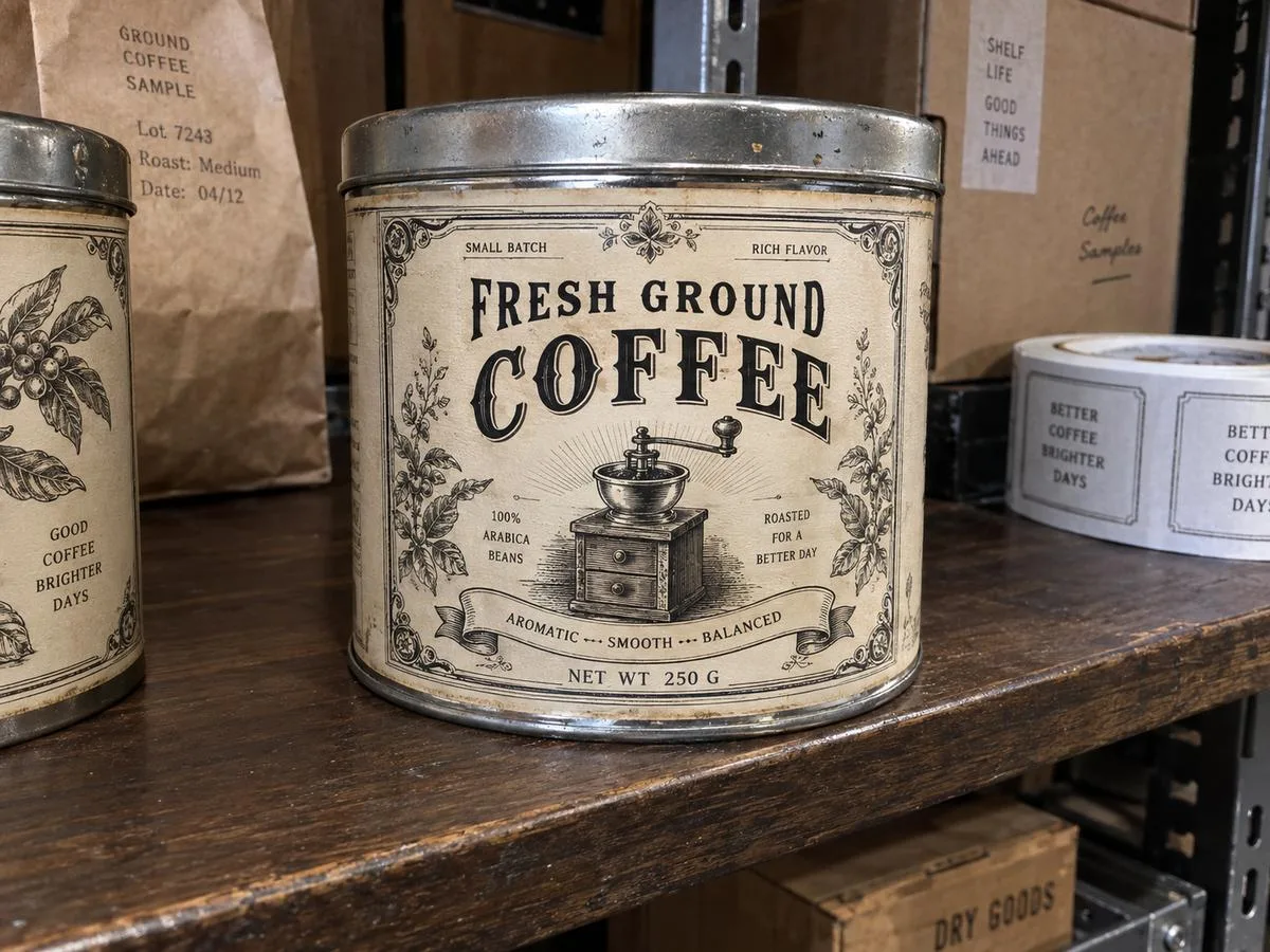 Coffee tin with a laminated wrap label