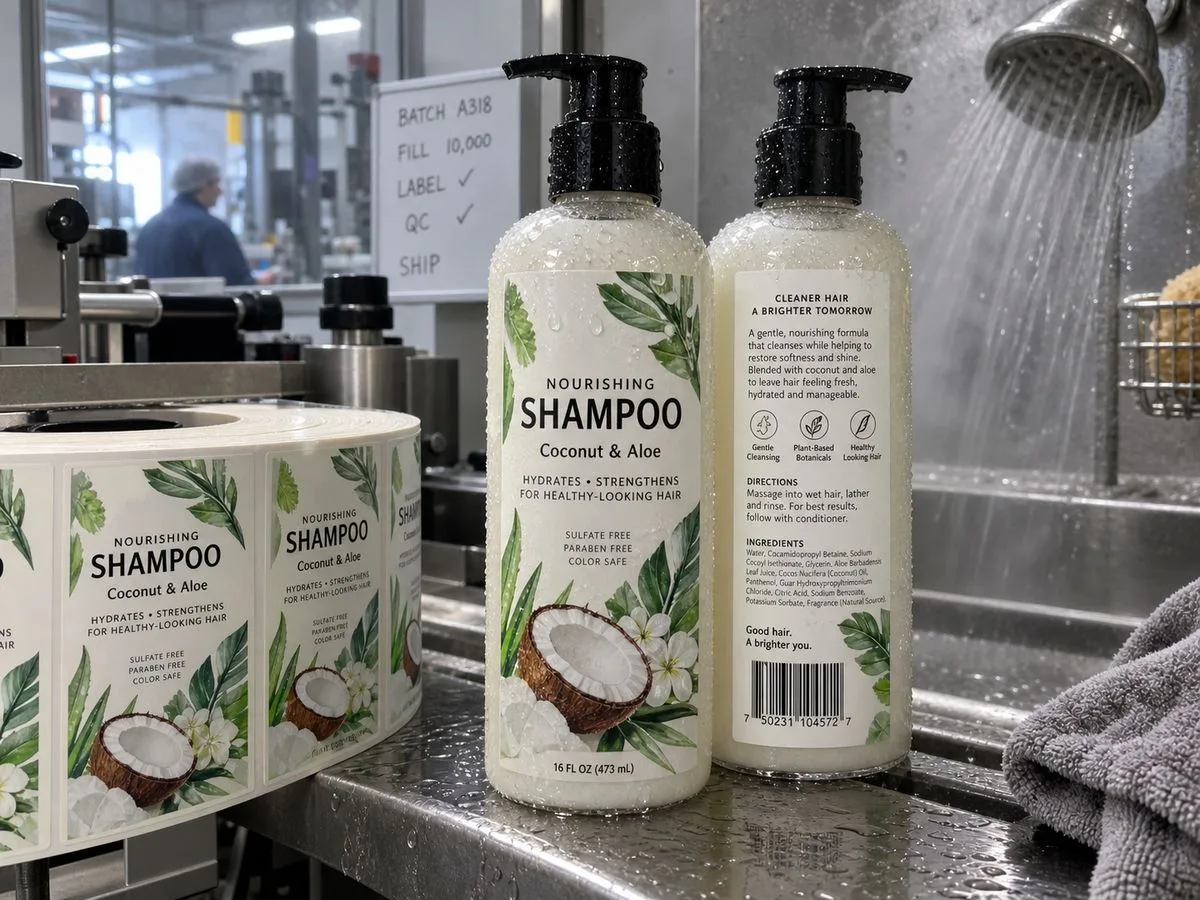 Waterproof shampoo bottle labels in shower steam