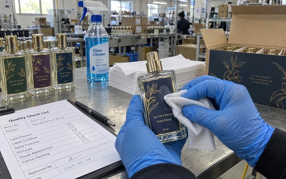 Worker wiping a labeled perfume bottle with cloth