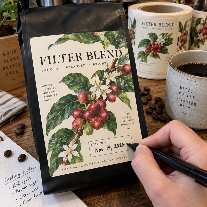 Writable roast-date panel on a coffee label
