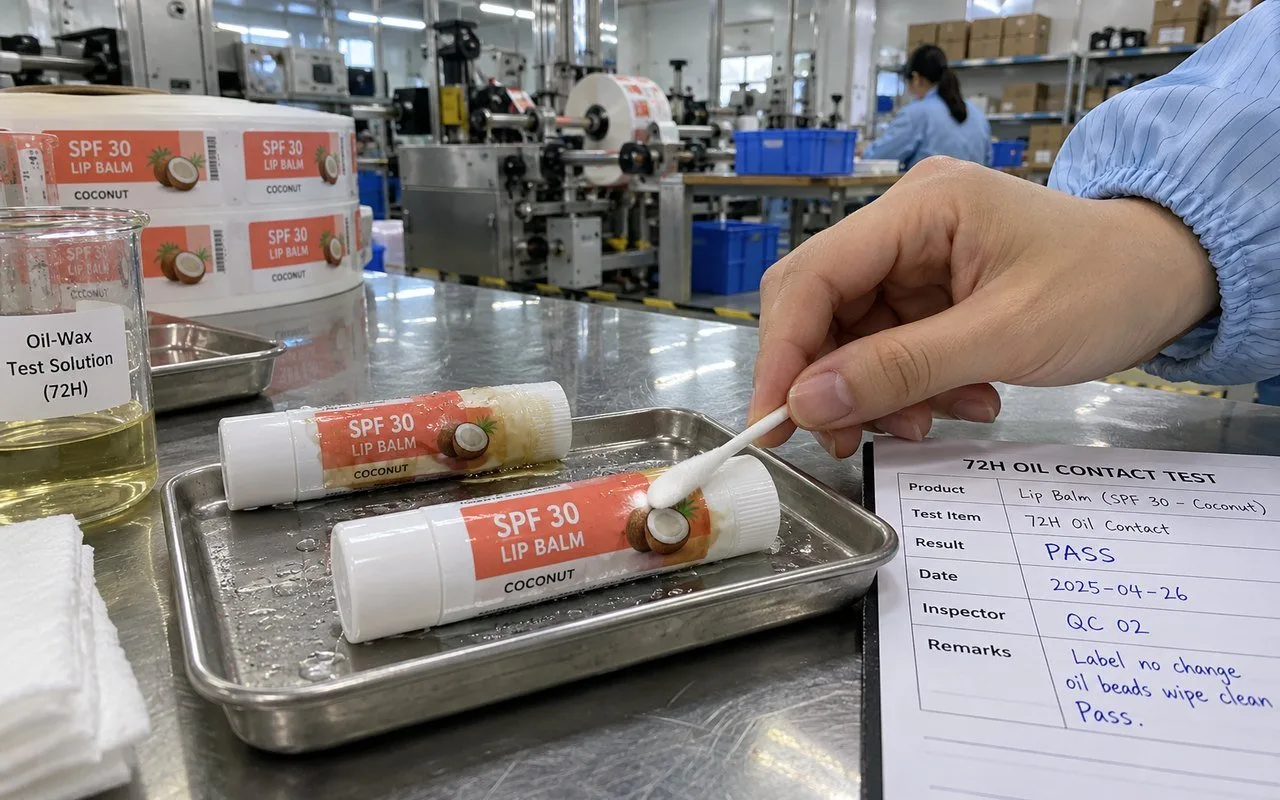 BOPP lip balm wrap after oil test