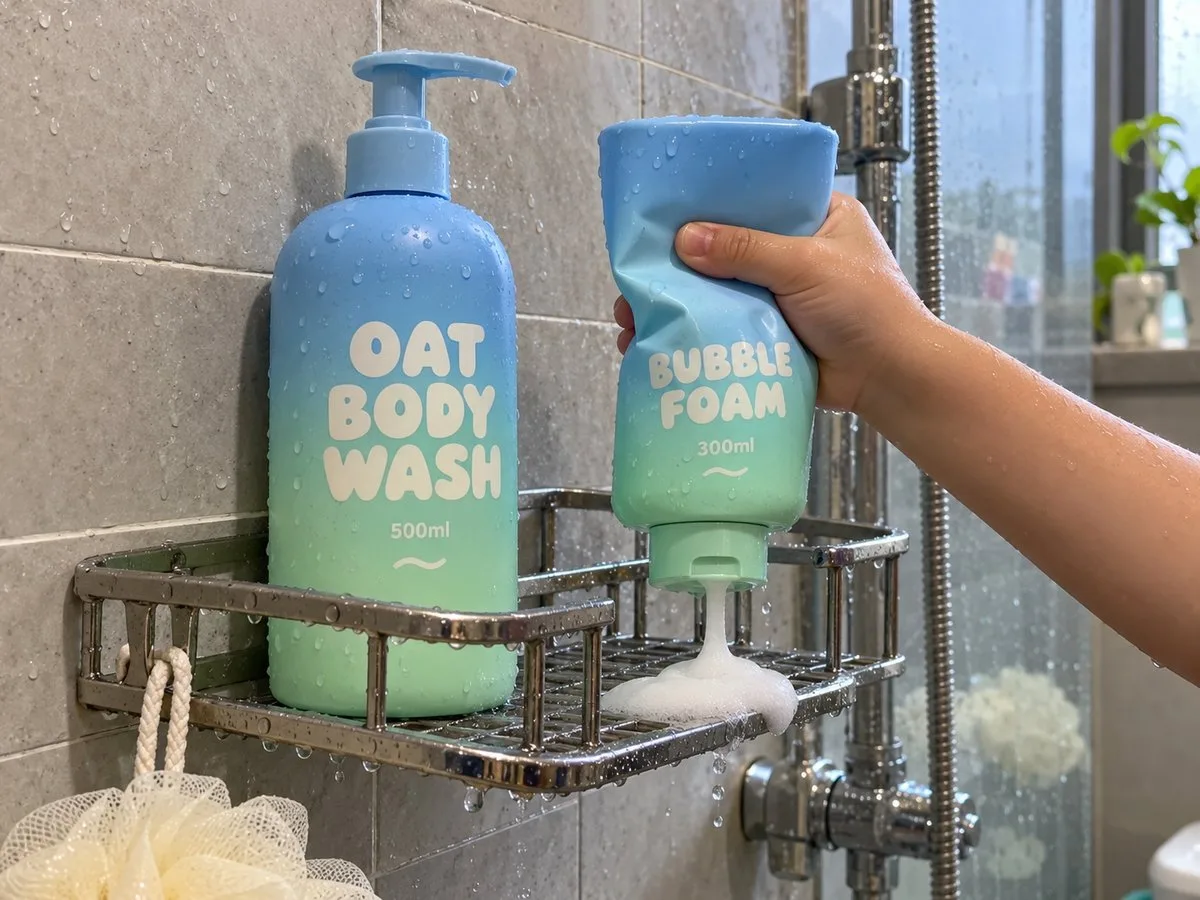 PE squeeze bottle flexible label body wash family