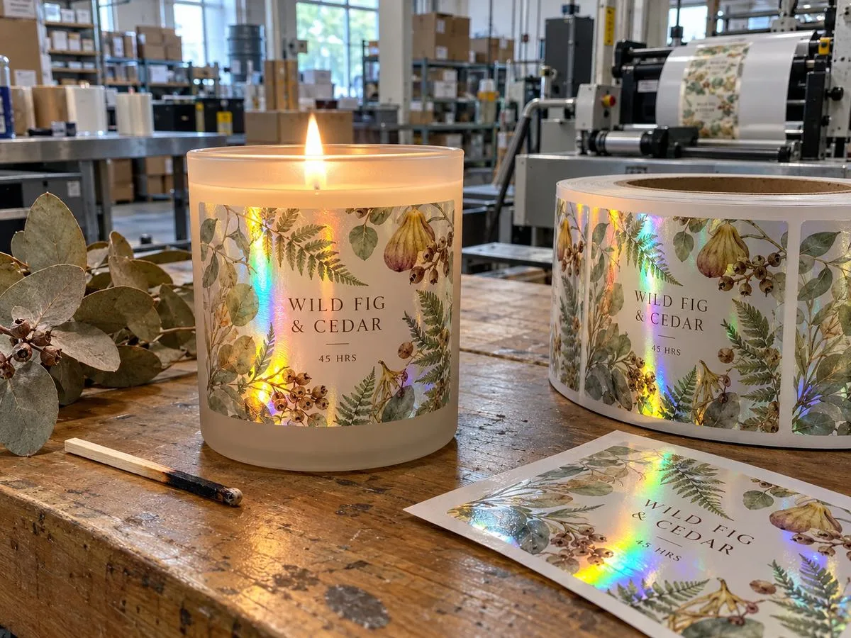 botanical holographic candle jar label design
