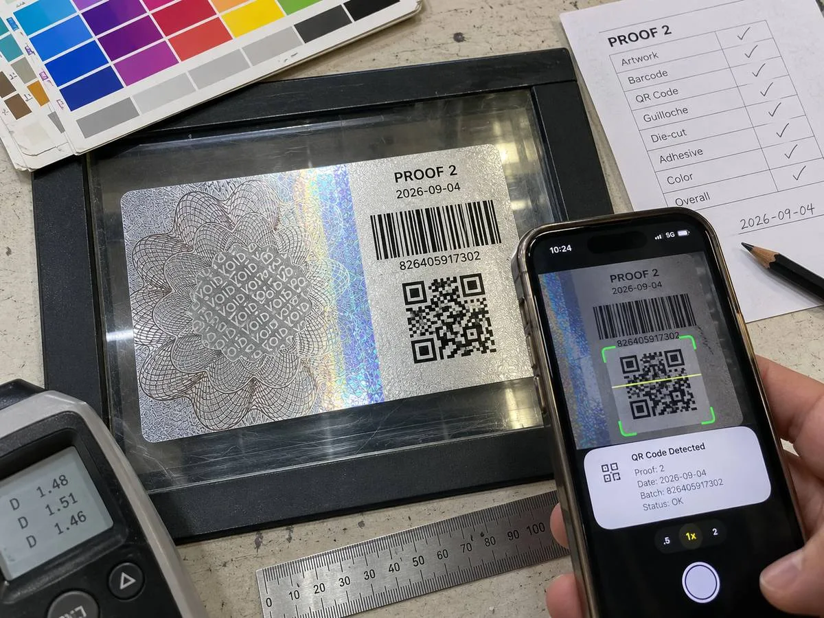 Code 128 and QR barcode printed beside a VOID message