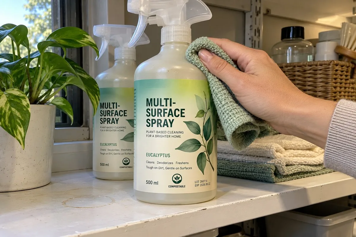Compostable cleaning spray bottle gradient label