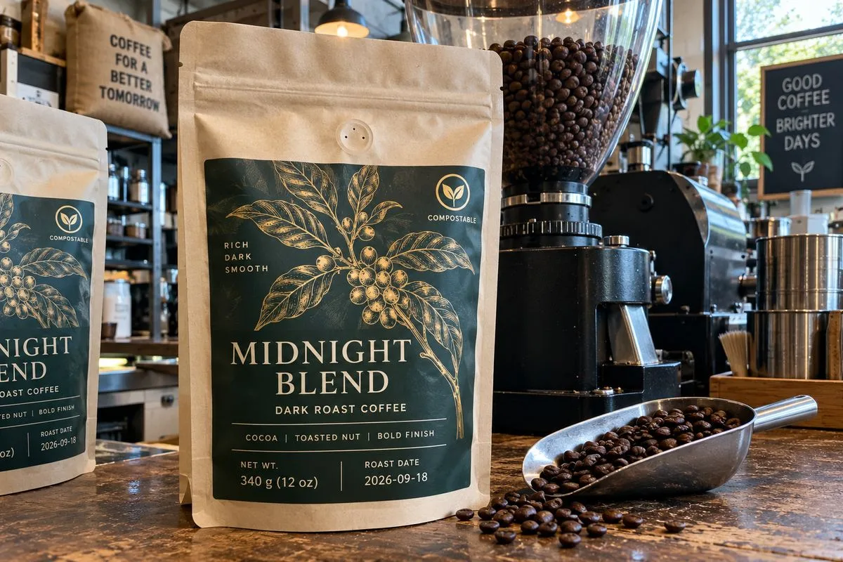Compostable coffee bag label valve gold line