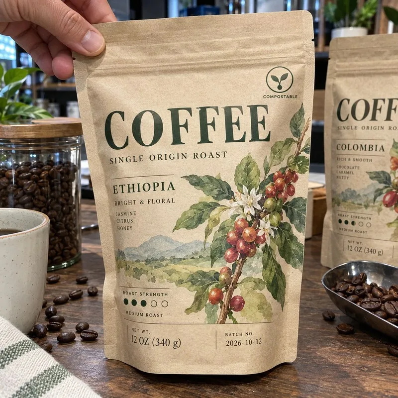 Compostable coffee pouch label botanical watercolor