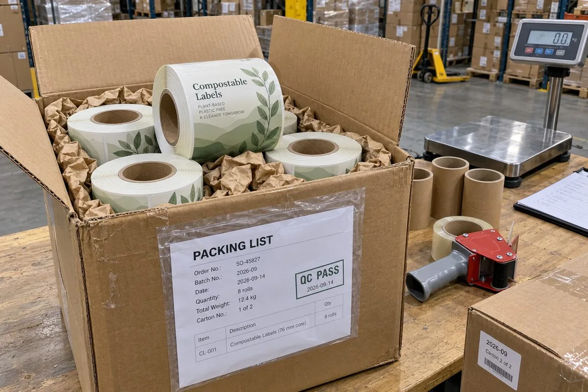 Compostable label rolls export carton packed