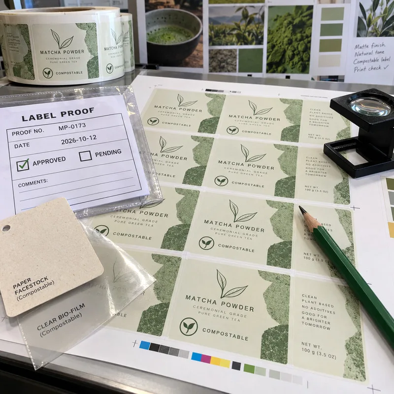 Compostable label sample proof approval desk
