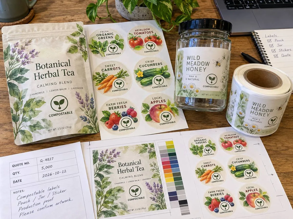 Compostable label samples quote proof rolls