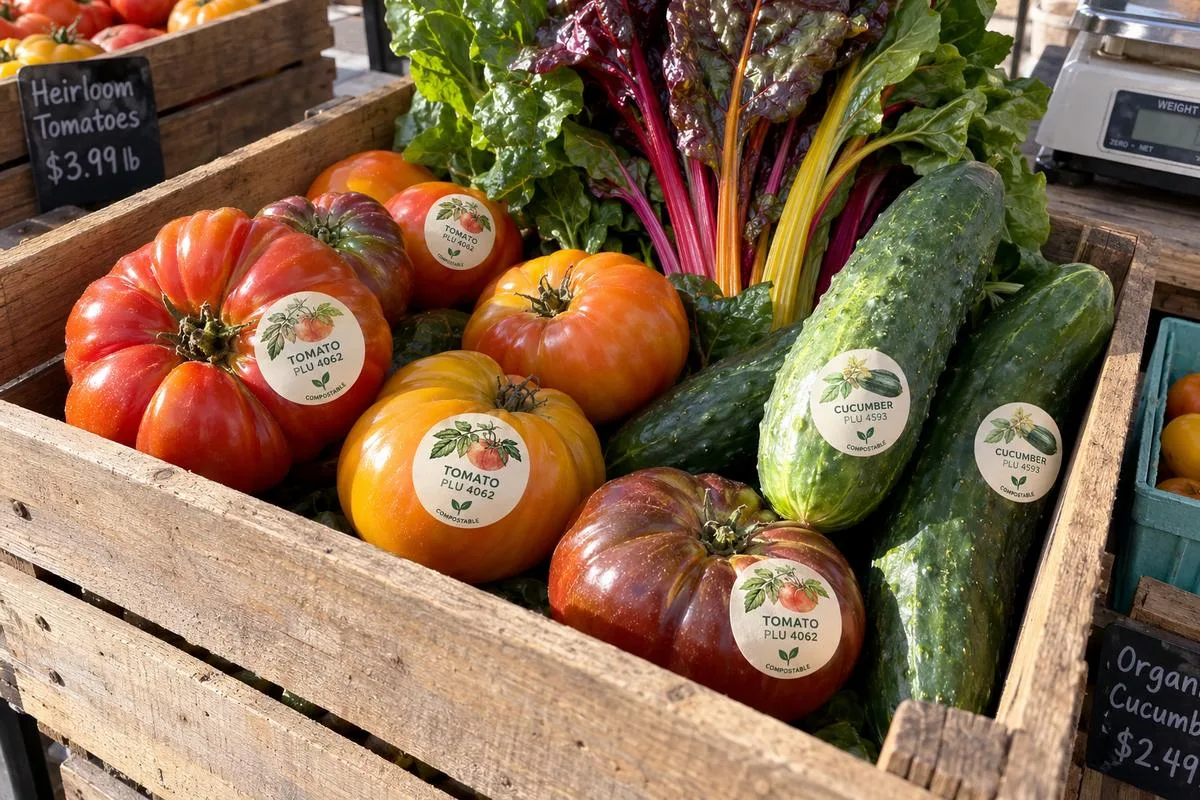 Compostable plu stickers vegetables crate