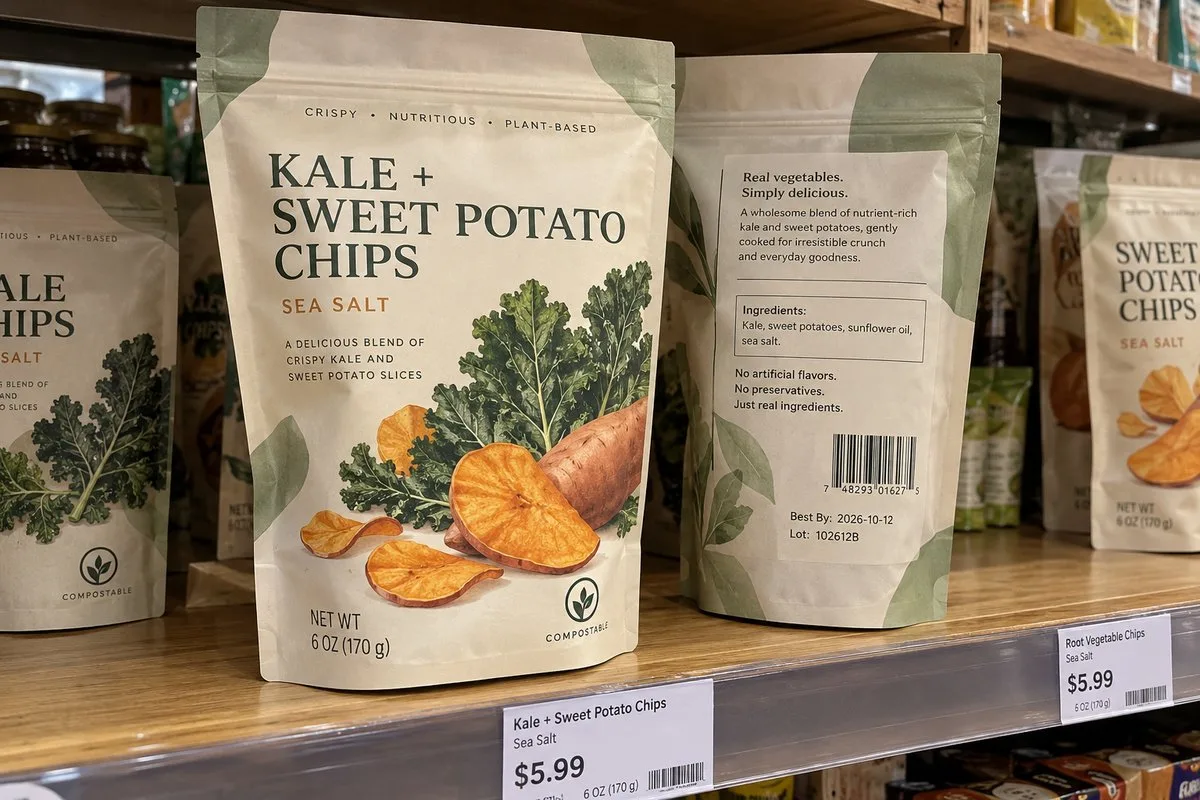 Compostable snack pouch back label ingredients