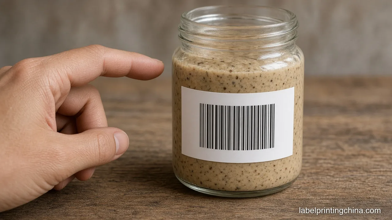 A jar label with the barcode kept off the tightest curve