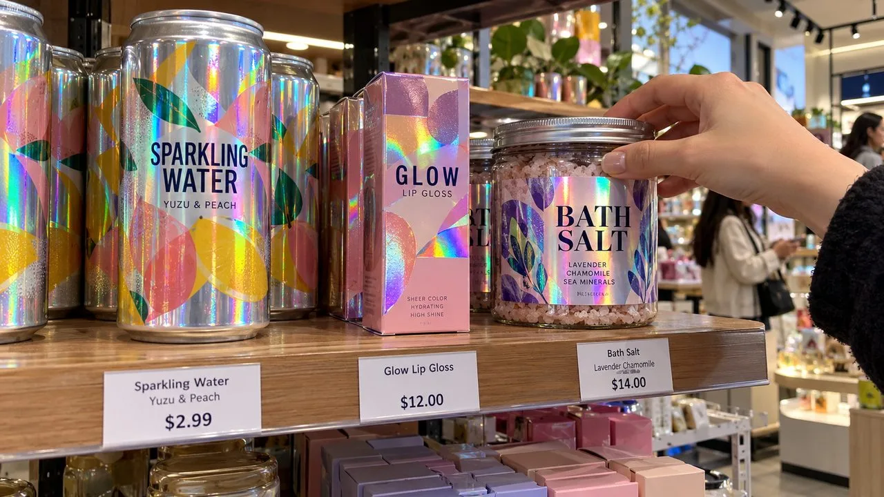 decorative rainbow prism product labels on shelf