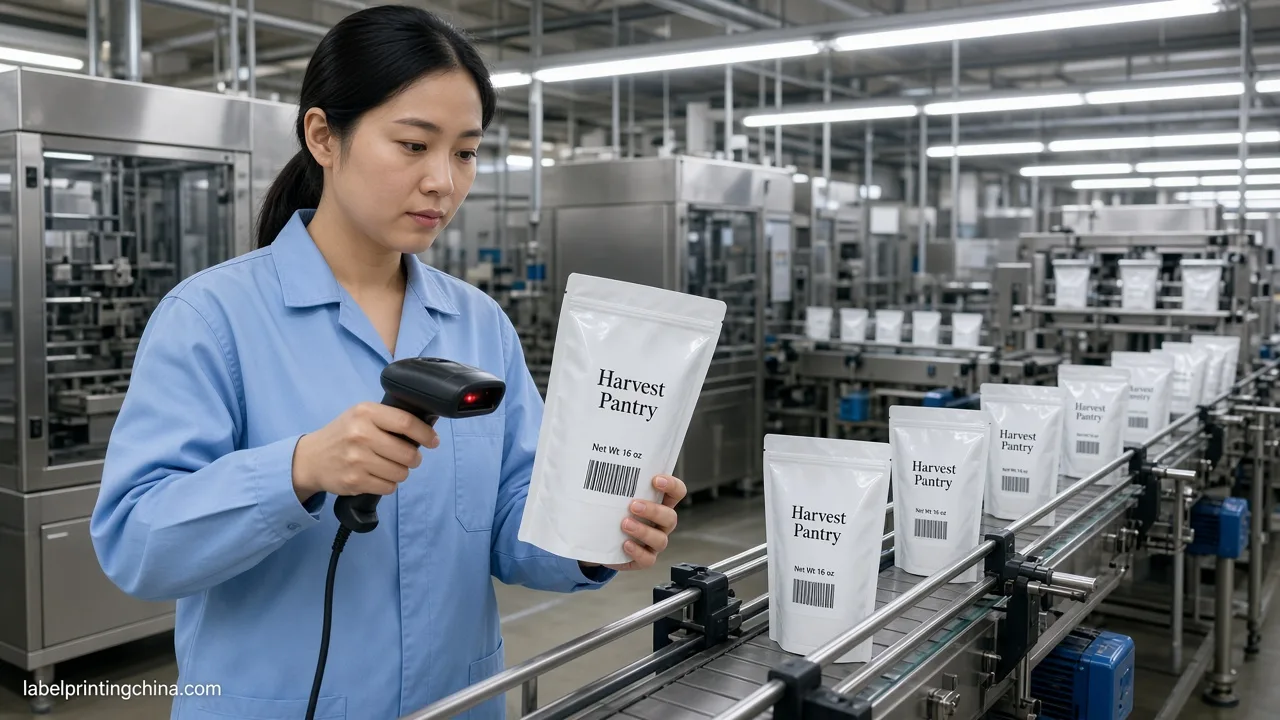 Chinese QC technician scanning laminated food label barcode under bright light