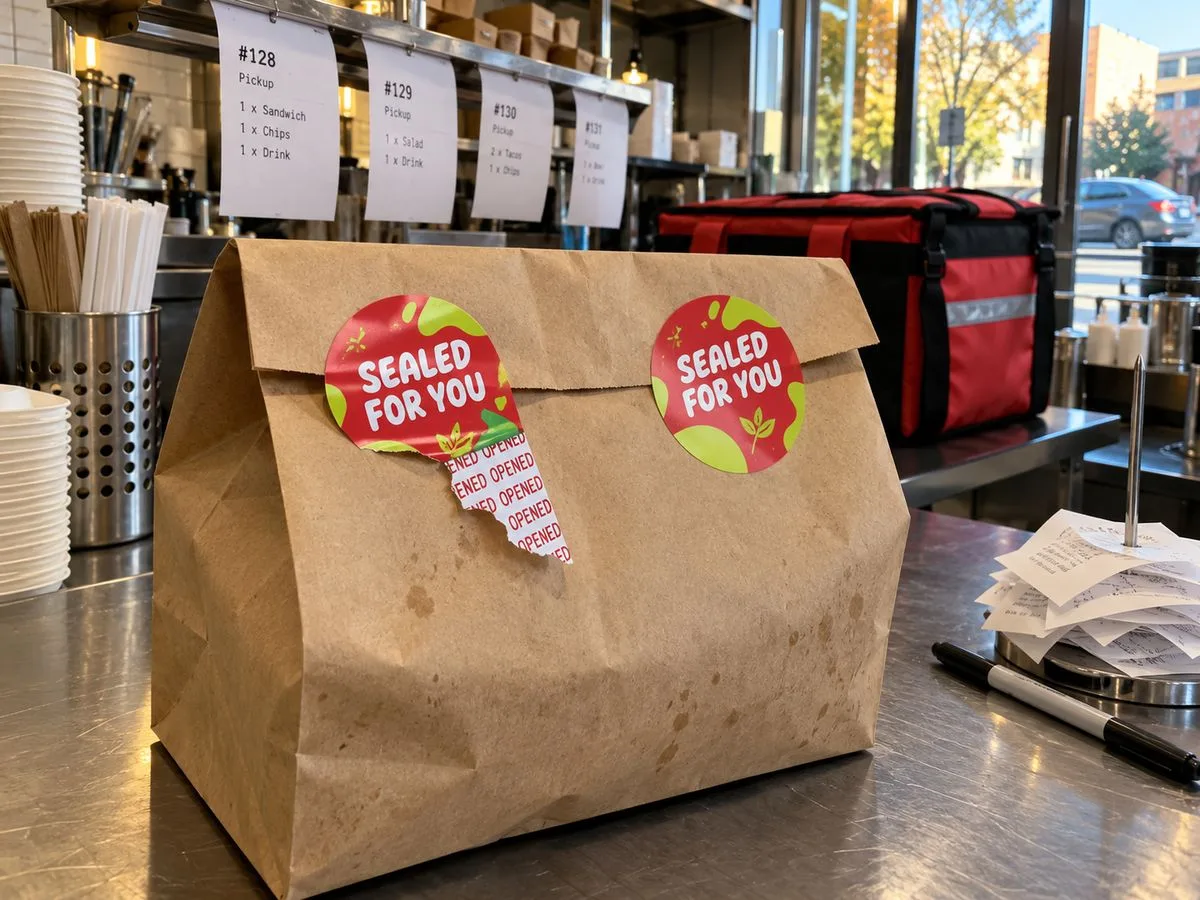 Food delivery bag sealed with tamper evident sticker