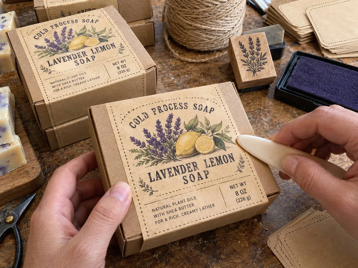 Hand applied kraft label craft soap box