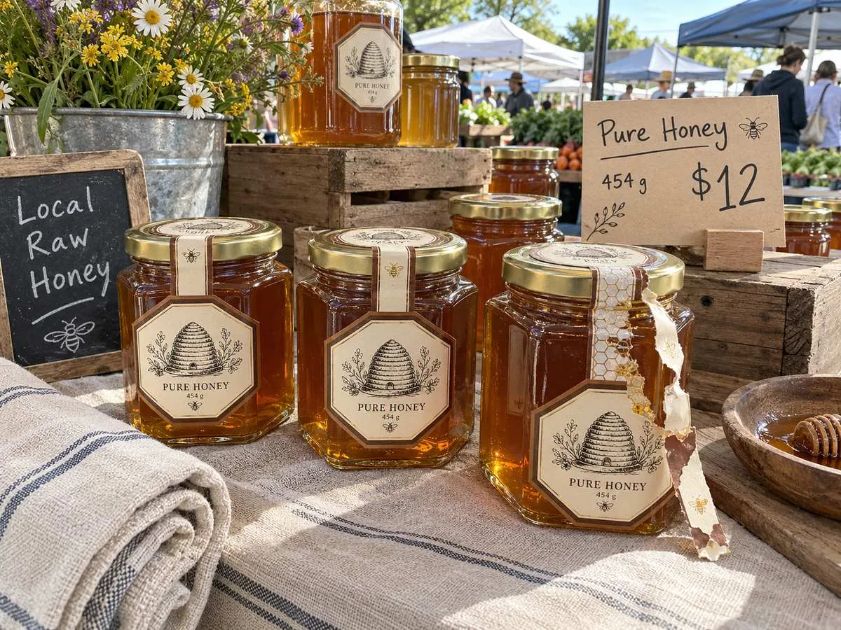 Honey jar with connected lid seal and tamper strip