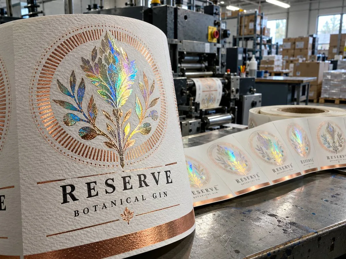 hot stamped holographic foil textured paper label