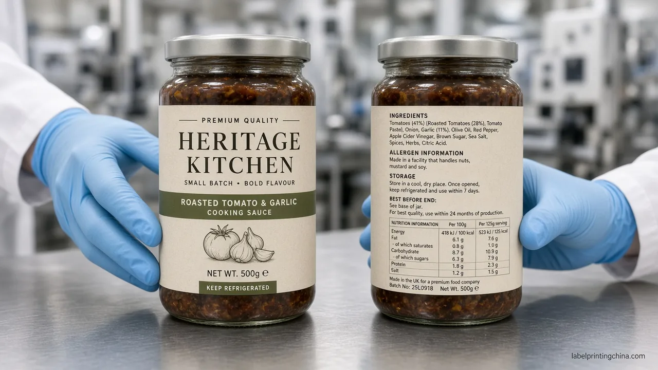 Front and back food label panels with long ingredient list layout