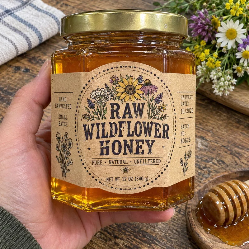 Kraft honey jar front label artisan stamp