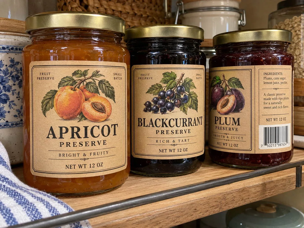 Kraft preserve jar label pantry shelf